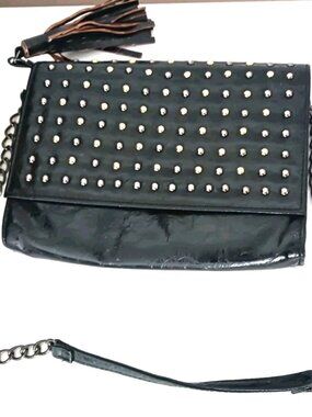 Gothic Multi Studded Black Crossbody Bag With Black Chain Faux Leather